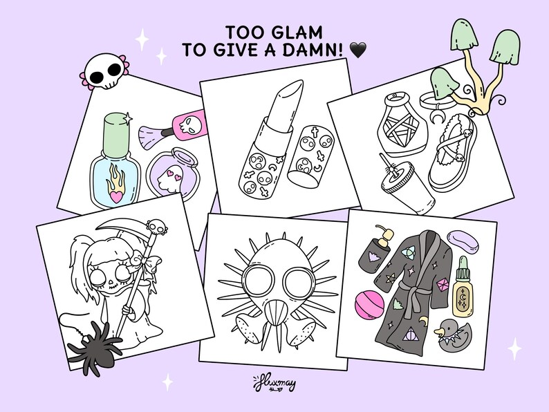 May include: A selection of illustrated stickers on a pastel purple background. The stickers depict gothic-themed items such as lipstick, nail polish, a grim reaper, and a gas mask. Text reads "TOO GLAM TO GIVE A DAMN!"