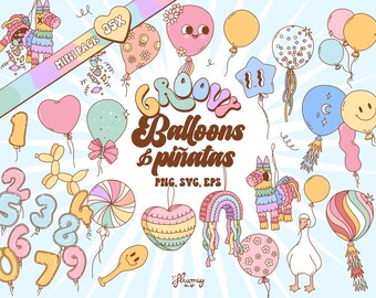 Clipart di palloncini e piñata groovy: PNG, SVG, EPS per feste