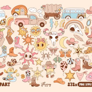 May include: A set of 272 colorful digital clipart images featuring a variety of retro and western themed designs. The clipart includes images of vans, rainbows, stars, butterflies, skulls, cowboy hats, boots, and more.