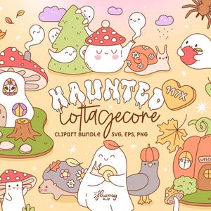Cottagecore Halloween Clipart Bundle: Cute Pumpkins, Ghosts, Mushrooms. Groovy Autumn Scene Creator (PNG, SVG, EPS Files) Retro Fall Cottage
