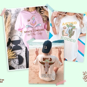 May include: Three different t-shirt designs featuring illustrations of a space cowgirl, a cactus wearing a cowboy hat, and a bull's head with a floral pattern. The text on the shirts reads "Space Cowgirl Cocktail Club", "Astro Rodeo", and "Wild West".