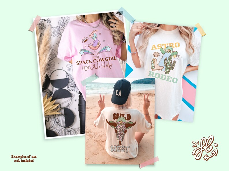 May include: Three different t-shirt designs featuring illustrations of a space cowgirl, a cactus wearing a cowboy hat, and a bull's head with a floral pattern. The text on the shirts reads "Space Cowgirl Cocktail Club", "Astro Rodeo", and "Wild West".