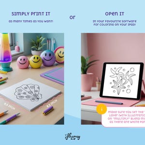 Puede incluir: Imagen que muestra dos opciones para un proyecto de colorear. Una opci&oacute;n es una p&aacute;gina para colorear cuadrada de 21,6 cm con un dise&ntilde;o de concha. La otra opci&oacute;n es una tableta que muestra una p&aacute;gina para colorear de estrellas de mar. El texto dice "Simply print it" y "Open it".