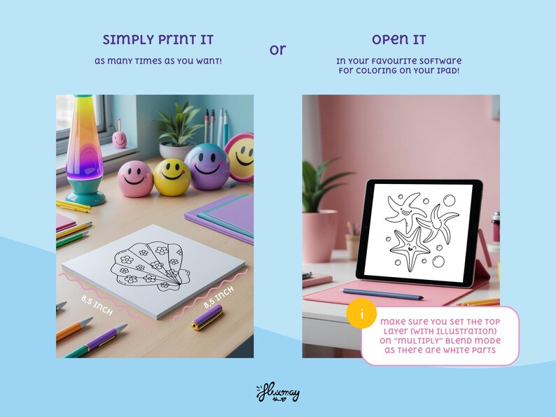 Puede incluir: Imagen que muestra dos opciones para un proyecto de colorear. Una opci&oacute;n es una p&aacute;gina para colorear cuadrada de 21,6 cm con un dise&ntilde;o de concha. La otra opci&oacute;n es una tableta que muestra una p&aacute;gina para colorear de estrellas de mar. El texto dice "Simply print it" y "Open it".