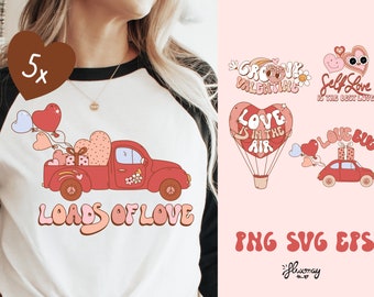 Groovy Valentine t-shirt PNG, a cute retro car with loads of love, romantic Air balloon, love bug, self-love is the best love