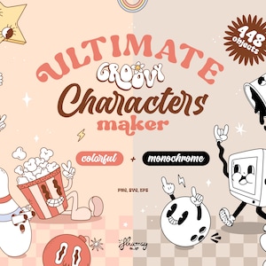 Groovy Retro characters maker clipart bundle, Groovy retro mascot builder, vector illustrations body set