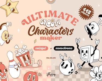 Groovy Retro Character Maker Clipart Bundle, Groovy Retro Maskottchen Builder, Vektor-Illustrationen-Körper-Set