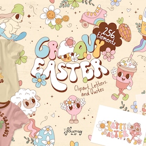 Groovy Retro Easter huge sublimation bundle, cute clipart pack, and t-shirt designs