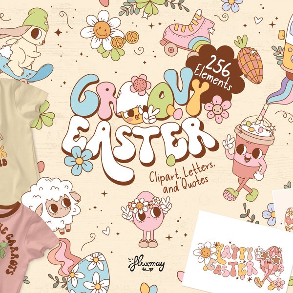Groovy Retro Easter huge sublimation bundle, cute clipart pack, and t-shirt designs