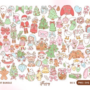 May include: A collection of whimsical Christmas-themed illustrations in a cute, cartoon style. The image features various elements like Santa Claus, Christmas trees, gingerbread men, ornaments, and bows, all in soft pastel colors. The text "CLIPART BUNDLE" is visible.