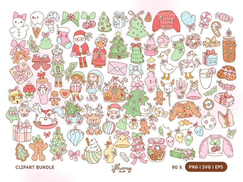 May include: A collection of whimsical Christmas-themed illustrations in a cute, cartoon style. The image features various elements like Santa Claus, Christmas trees, gingerbread men, ornaments, and bows, all in soft pastel colors. The text "CLIPART BUNDLE" is visible.
