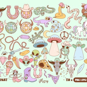 May include: A set of 110 colorful digital clipart images featuring a variety of whimsical designs, including disco balls, alien cowboys, snakes, unicorns, crystals, and more. The clipart is perfect for adding a touch of fun and whimsy to your projects.