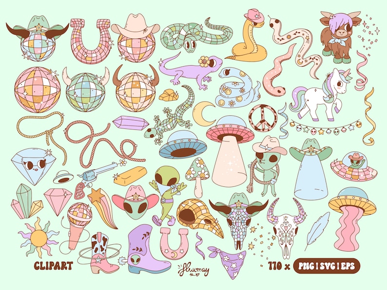 May include: A set of 110 colorful digital clipart images featuring a variety of whimsical designs, including disco balls, alien cowboys, snakes, unicorns, crystals, and more. The clipart is perfect for adding a touch of fun and whimsy to your projects.