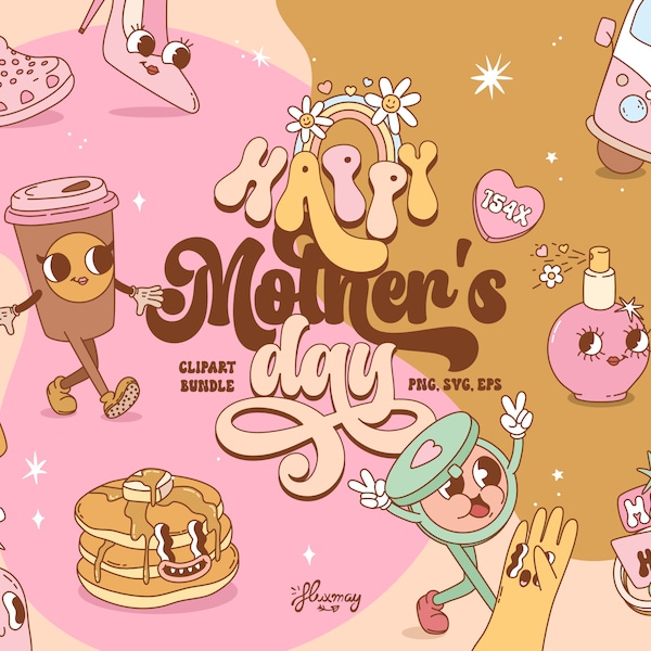 Happy Mother's Day retro clipart bundle, trendy groovy mama vector set, lady sublimation designs, Groovy Mom Day PNG, SVG, EPS