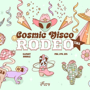 Cosmic Disco Rodeo, Groovy Western Retro clipart bundle, UFO, Aliens and cowboys, Space cowgirl designs, png, SVG, EPS