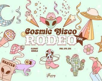 Cosmic Disco Rodeo, Groovy Western Retro clipart bundle, UFO, Aliens and cowboys, Space cowgirl designs, png, SVG, EPS