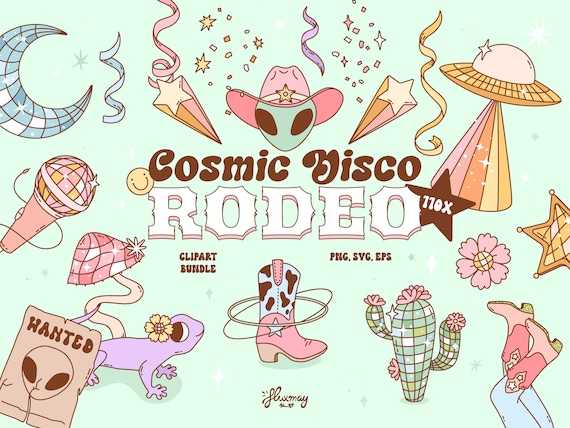 Cosmic Disco Rodeo, Groovy Western Retro clipart bundle, UFO, Aliens and cowboys, Space cowgirl designs, png, SVG, EPS