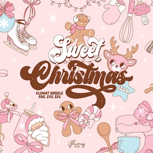 Paquete de imágenes prediseñadas navideñas rosas, Navidad retro coqueta, conjunto de vectores de hombrecito de jengibre horneado navideño, lazo navideño, animales lindos PNG SVG