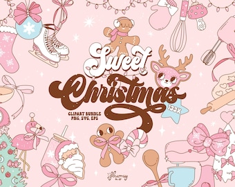 Op de afbeelding: Een roze en bruine illustratie van een peperkoekman, een rendier, een flamingo, een kerstman, een peperkoekhuis, een deegroller, een mixer en een ster. De tekst "Sweet Christmas" is geschreven in bruine cursieve letters.