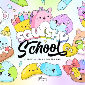 May include: A digital clipart bundle titled SQUISHY School featuring various colorful cartoon characters including a koala, a pencil holder, a pink cat backpack, a book, a cat with a pencil, a globe, a banana, and a dumpling with a bow.