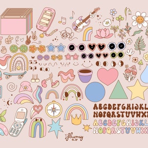 Op de afbeelding: Een set met kleurrijke digitale clipart met regenbogen, sterren, harten, bloemen en andere grillige ontwerpen. De clipart bevat een volledig alfabet in twee stijlen, evenals verschillende andere elementen zoals zonnebrillen, een rolstoel, een cassettebandje en een bel.