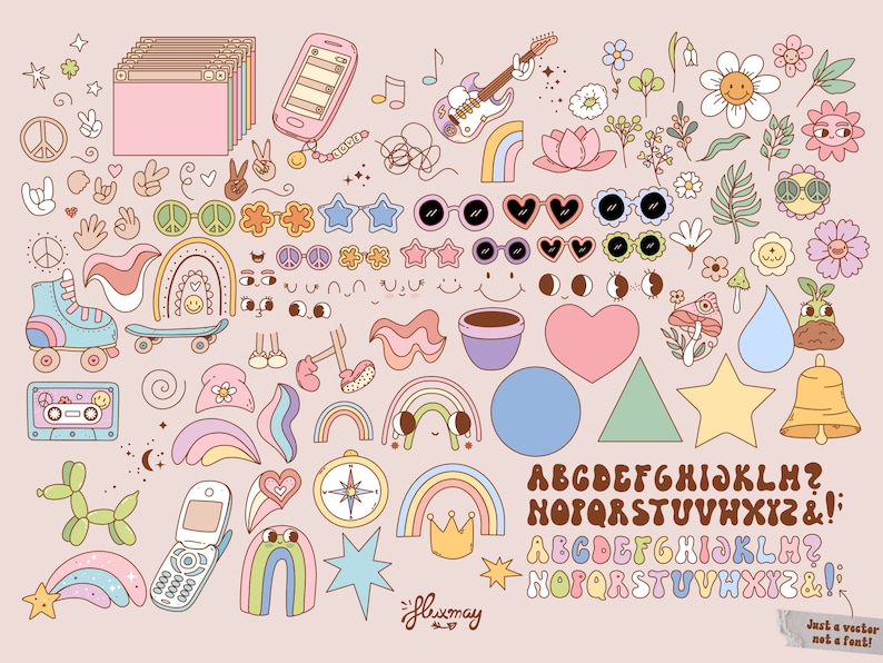 Op de afbeelding: Een set met kleurrijke digitale clipart met regenbogen, sterren, harten, bloemen en andere grillige ontwerpen. De clipart bevat een volledig alfabet in twee stijlen, evenals verschillende andere elementen zoals zonnebrillen, een rolstoel, een cassettebandje en een bel.