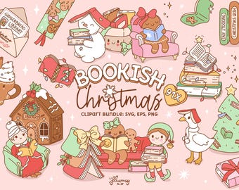 Bookish Christmas Clipart Bundle: Cozy Holiday Library. Files for Book Lover Custom Gifts (PNG SVG EPS) (Digital Download) Holiday Book Club