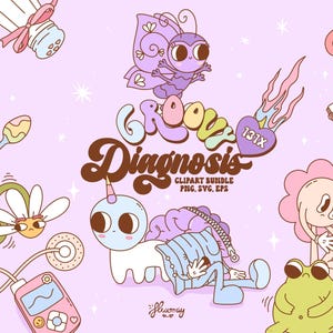 Groovy retro diagnose clipartbundel, gezondheidszorg PNG, SVG, chronische ziekten, geestelijke gezondheid, medische illustratie, diagnose gezondheidszorg