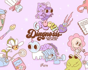 May include: A set of 131 groovy diagnosis themed clipart illustrations. The illustrations feature a unicorn, a brain, a daisy, a frog, a uterus, a salt shaker, a jar, a spoon, a notebook, and a heart with flames. The illustrations are in a cartoon style and are perfect for use in digital projects.