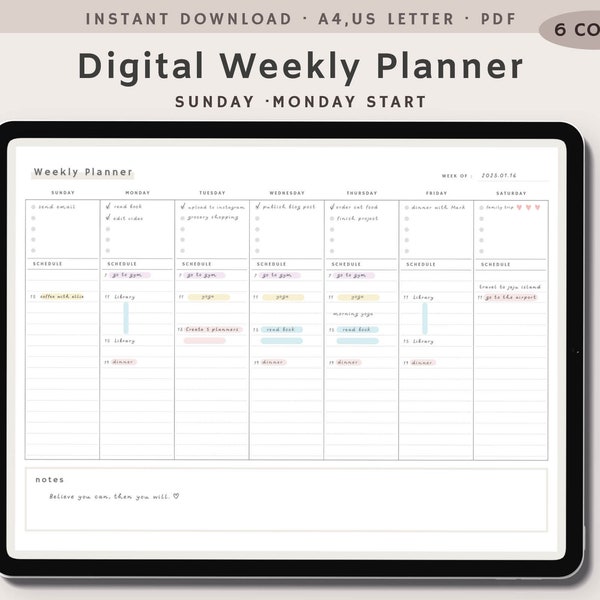 Digital Weekly Planner, Weekly Schedule Planner Template for Goodnotes Ipad, Minimalist Weekly Planner, Instant Download, A4, US Letter PDF