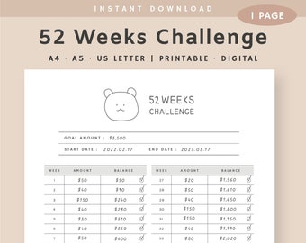 52 Week Savings Challenge Printable, Money challenge, Savings Tracker, Saving Plan, Finance Planner, Instant Download, A4, A5, US Letter PDF