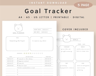 Puede incluir: Un rastreador de objetivos digital imprimible con una ilustración de oso. El planificador incluye secciones para objetivos, pasos de acción y plazos. El texto incluye "Goal Tracker", "Printable" y "Digital".