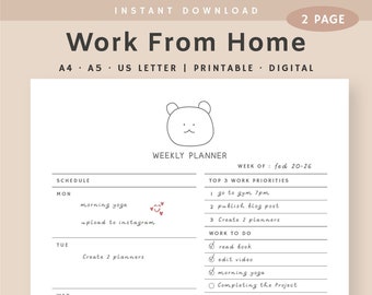 May include: A printable "Work From Home" weekly planner with a bear illustration. The planner includes sections for schedule, top priorities, and to-do lists. The text includes "A4 A5 US LETTER | PRINTABLE DIGITAL".