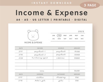 Income & Expense Tracker Printable, Budget Planner, Income Tracker, Expense Tracker, Expense Log, Instant Download, A4, A5, US Letter PDF