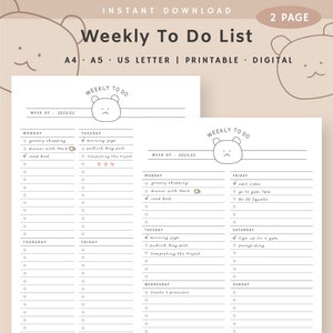 Weekly To Do List Printable, Weekly Checklist, Weekly Agenda, Weekly Task List Template, Weekly Planner, Instant Download, A4, A5, US Letter