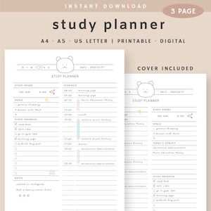 May include: A white study planner with a bear illustration and the text "study planner." The planner includes sections for study hours, goals, study progress, and notes. The text "Instant Download" and "Printable Digital" are also visible.