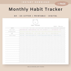 Monthly Habit Tracker Printable Landscape, 30 Day Habit Challenge, Routine Tracker, Habit Tracker Template, Instant Download, A4, US Letter