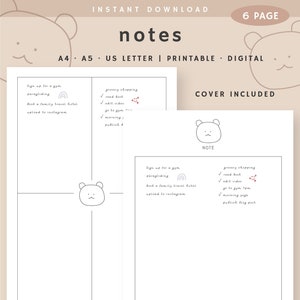 Wkładka do planera notatek, strona notatek do wydrukowania, notatki z wykładów, puste notatki, robienie notatek, papier do pisania, natychmiastowe pobieranie, A4, A5, US Letter PDF