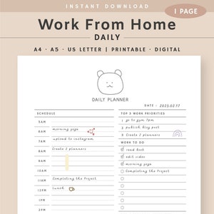 Work From Home Daily Planner, Daily Hourly Planner, Personal Daily Planner, Productivity Planner, Instant Download, A4, A5, US Letter PDF