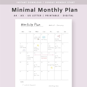 Monthly Planner Printable Template, Productivity Monthly Planner, Undated Monthly Calendar, Digital Calendar, A4, A5, US Letter Size PDF