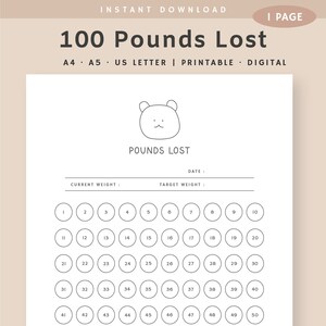100 Pounds Lost Weight Tracker Printable, Weightloss Journal, Weightloss Chart, Weight Loss Tracker, Instant Download, A4, A5, US Letter PDF