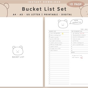 May include: A digital printable bucket list set with a minimalist design. The set includes a cover page with a bear illustration and the words "Bucket List" and a page with a bucket list and top 10 bucket list. The text includes "Instant Download" and "Digital".