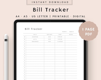 Monthly Bill Tracker Printable | Bill Payment Checklist | Monthly Bill Log | Digital Bill Planner | Instant Download | A4, A5, US Letter PDF