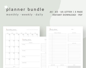 May include: A planner bundle with monthly, weekly, and daily layouts. The pages are white with a minimalist design, featuring sections for scheduling, goals, and notes. The text includes "monthly plan," "weekly plan," and "daily plan."