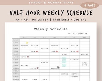 Horaire hebdomadaire d’une demi-heure imprimable, Organisateur hebdomadaire, Semaine en un coup d’œil, Liste hebdomadaire des tâches, Téléchargement instantané, A4,A5, Lettre américaine PDF numérique