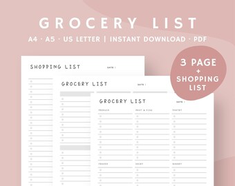 May include: Three white printable grocery list pages against a pink backdrop. The top page is labelled "Shopping List", the others read "Grocery List". The lists include sections for produce, meat & fish, pantry, frozen, dairy, bakery, drinks & snacks, fruits & veggies, and other.
