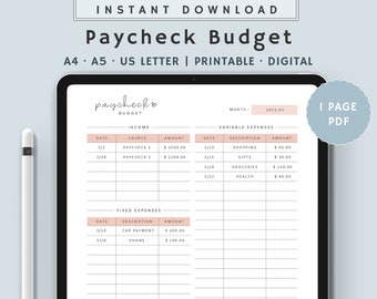 Editable Paycheck Budget | Digital Budget Planner for Goodnotes | Budget Template | Money Tracker | Instant Download | A4, A5, US Letter PDF
