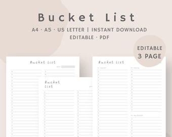 Op de afbeelding: Een witte, afdrukbare bucketlist met de titel "Bucket List" bovenaan. Het document is beschikbaar in A4, A5 en US Letter formaten. De tekst "EDITABLE PDF" is ook zichtbaar.