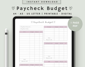 May include: Digital paycheck budget template displayed on a tablet. The template includes sections for bills, savings, sinking funds, and debt, with spaces for budget, actual, and +/- amounts. The text "Paycheck Budget" is at the top, with "Instant Download" above it.