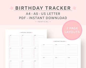 Vertical Birthday Tracker Printable | Birthday Planner PDF iPad Tablet | Birthday Calendar Page | Instant Download | A4,A5,US Letter PDF